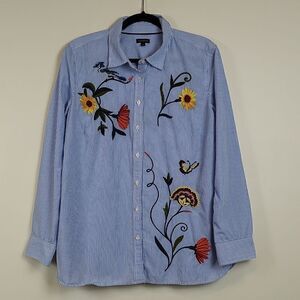 Talbot's Pinstripe Embroidered Floral Cotton Button Down Long Sleeve Blouse NWOT